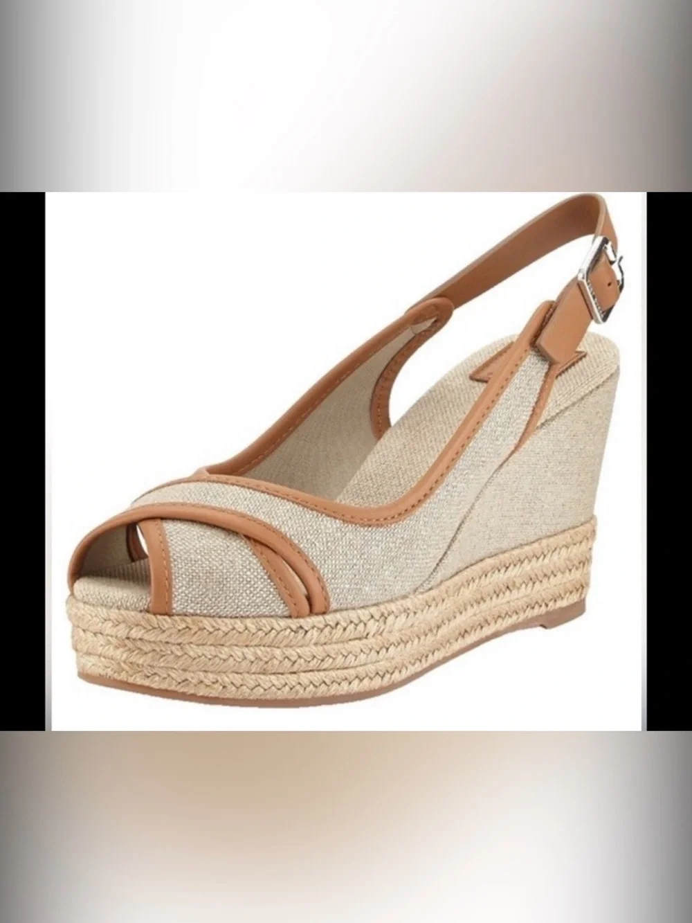 Tory Burch Majorca Peep Toe Espadrille Wedge Leather Shimmer Sling Back Sandals